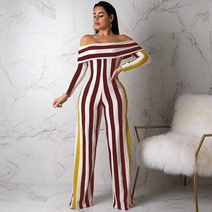 NWOT | Women's Striped Print Off Shoulder Wide Leg Pant Jumpsuit | Medium